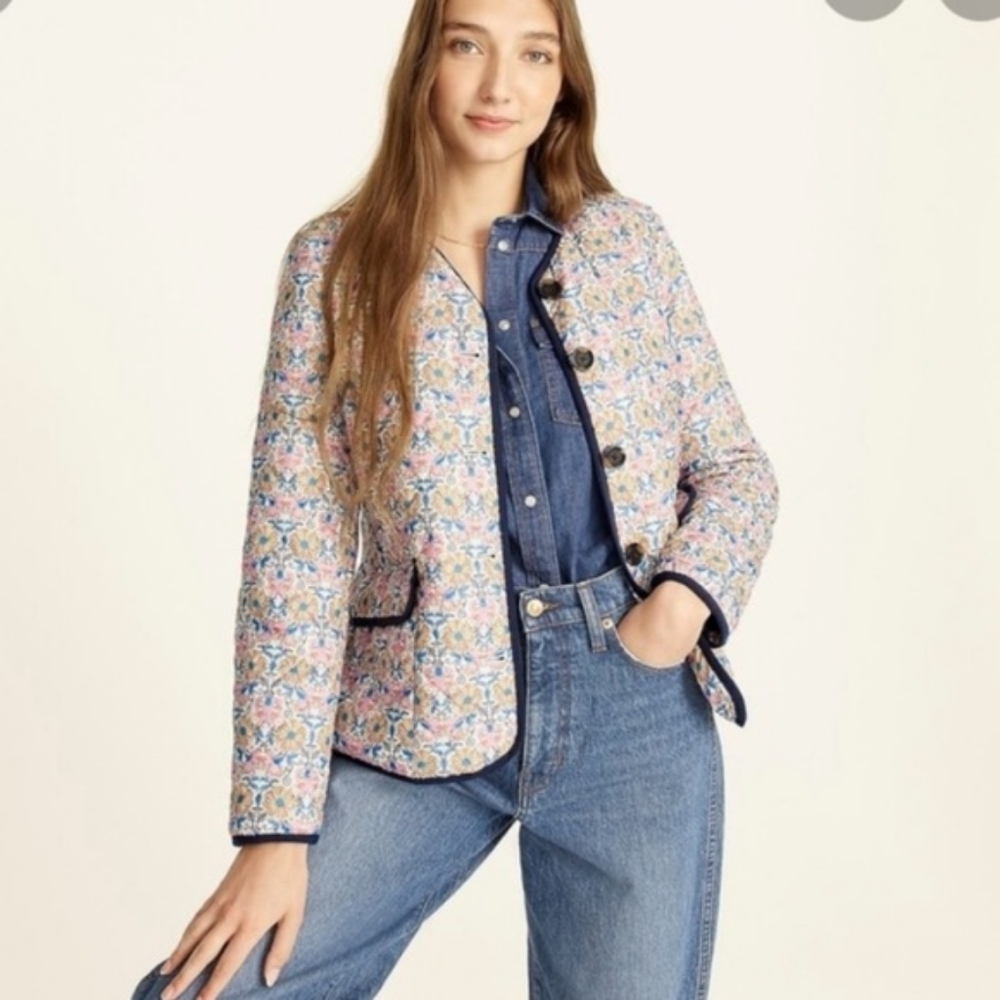 J. Crew quilted puffer jacket. Perfect for spring. Liberty print honeysuckle.